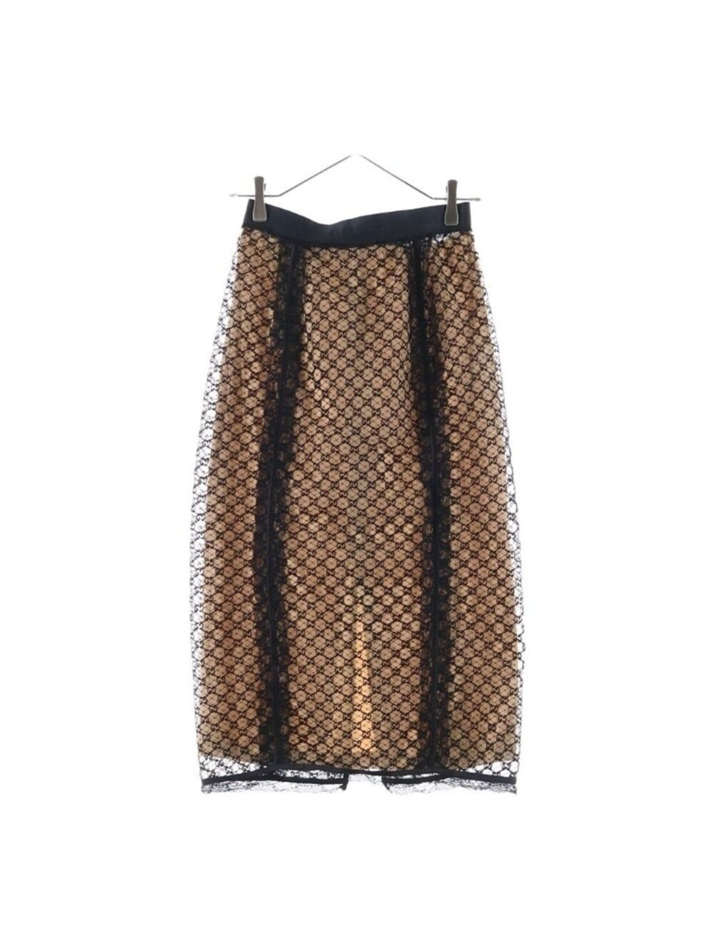 Gucci GG Net Lace Trim Long Skirt Elastic Waist Cotton Nylon Beige